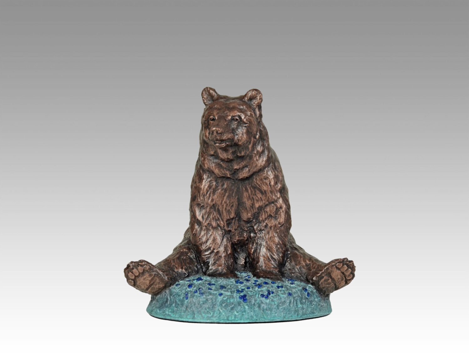 Gallery, Bask in the Berries, $325 CAD, Metal Infused, 7 ¾” H x 8" W, Edition 60, Specialty Finish, Wildlife Sculpture of a bear sitting in a blueberry patch, Sculptor Tyler Fauvelle