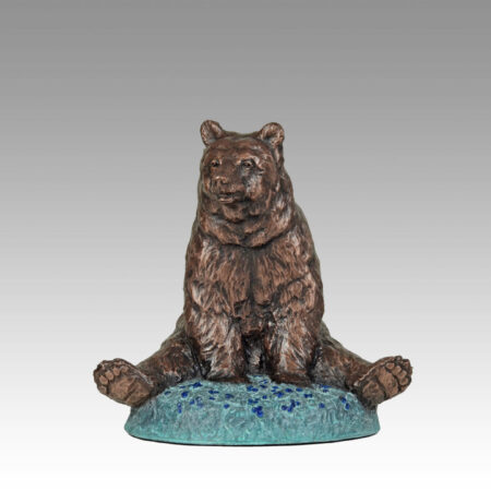 Gallery, Bask in the Berries, $325 CAD, Metal Infused, 7 ¾” H x 8" W, Edition 60, Specialty Finish, Wildlife Sculpture of a bear sitting in a blueberry patch, Sculptor Tyler Fauvelle