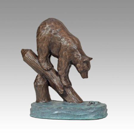 Gallery, Fishful Thinking, $375 CAD, Metal Infused, 11 ¾” H, Edition 60, Specialty Finish, Wildlife Sculpture of a bear on a log looking down at fish, Sculptor Tyler Fauvelle