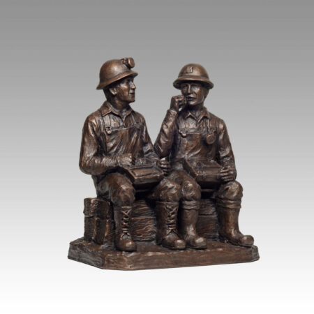 Gallery, Breaking Bread, $325 CAD, Metal Infused, 10 ¾” H x 9 ½” L, Edition 80, Mining Sculpture of two miners on a dinner break, Sculptor Tyler Fauvelle