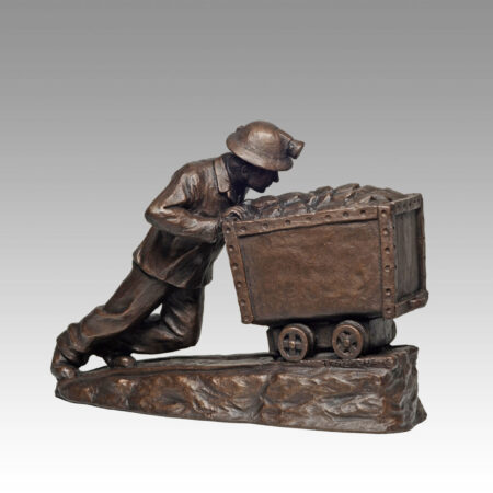 Gallery, Cartin Ore, $325 CAD, Metal Infused, 13 ¾” L x 9 ¼" H, Edition 80, Mining Sculpture of a miner pushing an ore cart, Sculptor Tyler Fauvelle