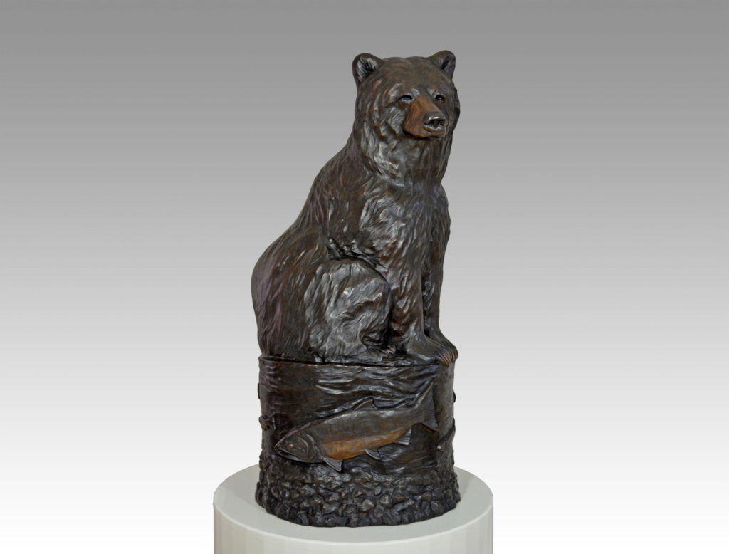 Gallery, Reflection, Bronze cast, 3.2 feet H, Edition 10, Please contact for price and availability, Bronze Sculpture of a Bear sitting with a relief of salmon spawning, Sculptor Tyler Fauvelle