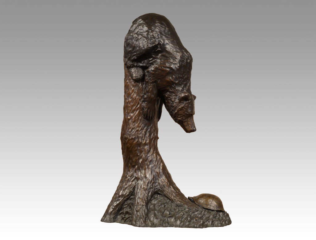 Gallery, Stumped!, Bronze cast, 3 ½ feet H, Please contact for price and availability, Bronze Sculpture of a bear on a stump looking down at a turtle, Sculptor Tyler Fauvelle