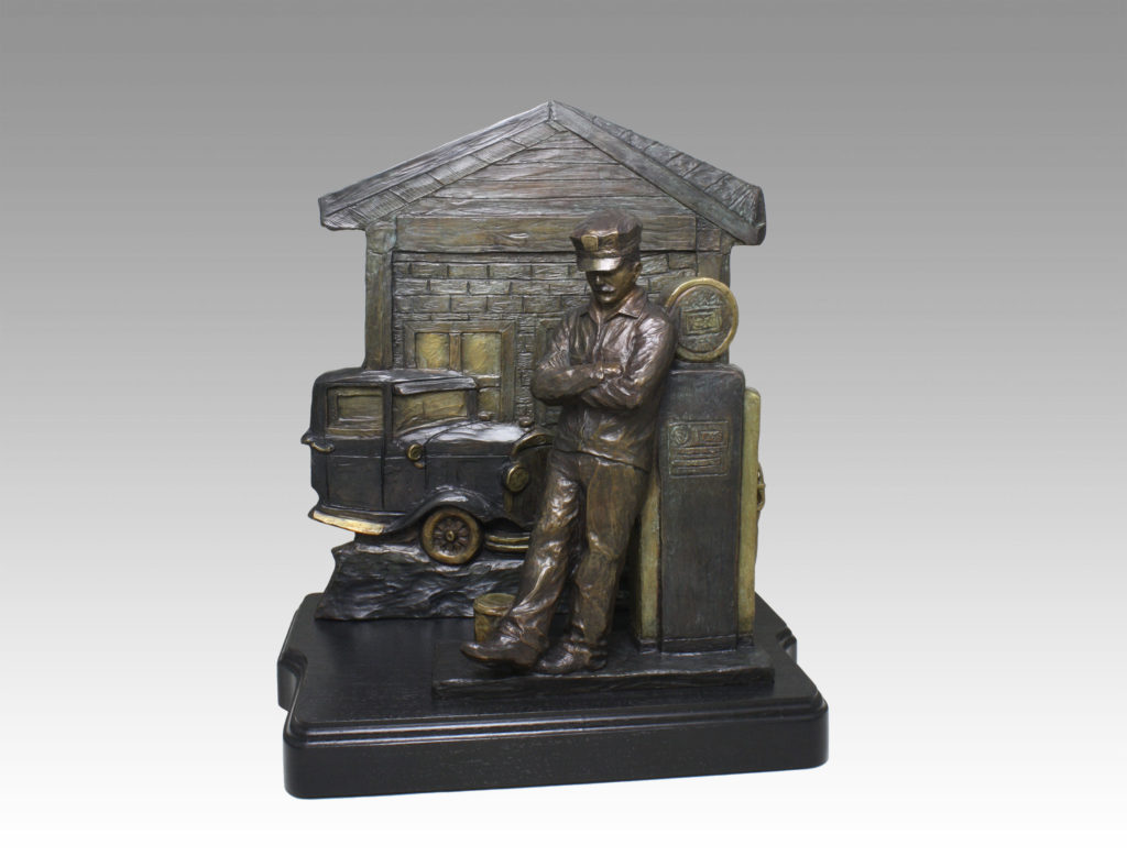 Gallery, Passing Time, Bronze cast, 16 ½ "H, Edition 8, Please contact for price and availability, Bronze Sculpture of a retro gas station attendant and classic car, Sculptor Tyler Fauvelle