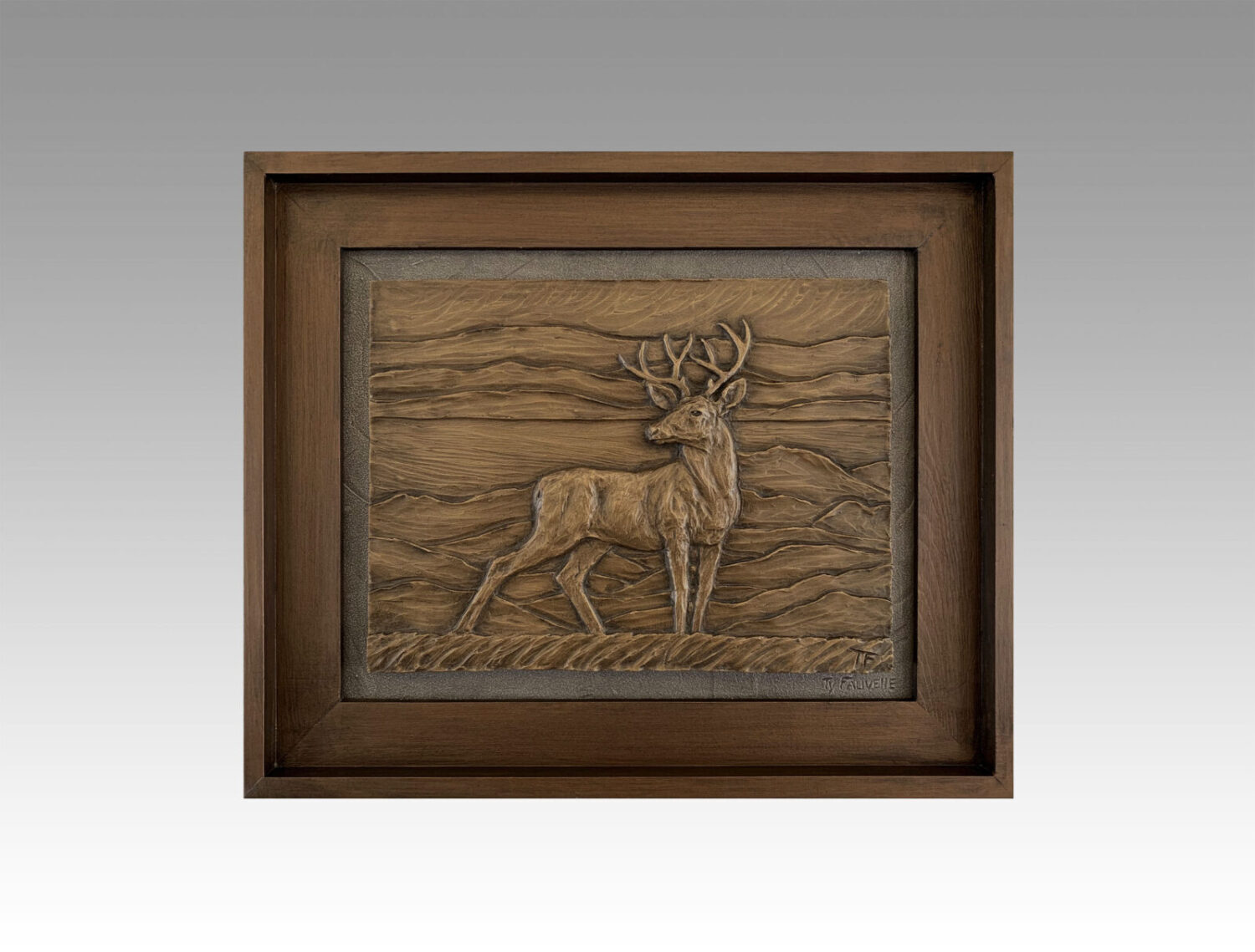 Gallery, Lookout Point, $325 CAD, Metal Infused, 17 ¼” x 14 ½” (framed), Edition 60, Sculptural Relief of a deer, Sculptor Tyler Fauvelle