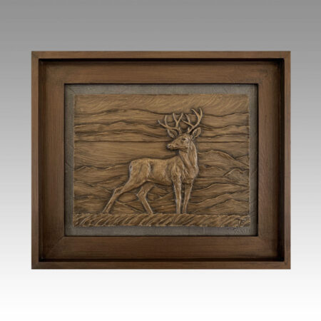 Gallery, Lookout Point, $325 CAD, Metal Infused, 17 ¼” x 14 ½” (framed), Edition 60, Sculptural Relief of a deer, Sculptor Tyler Fauvelle