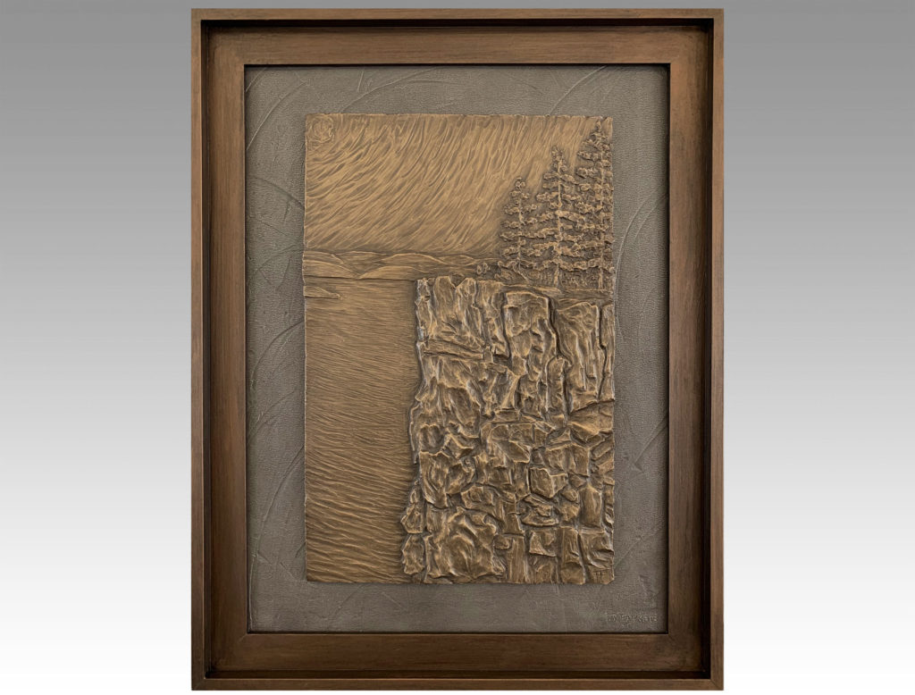Gallery, Devil's Rock, $425 CAD, Metal Infused, 27 ½” x 21 ½” (framed), Edition 60, Sculptural Relief of Devil's Rock Hiking Trail, Sculptor Tyler Fauvelle