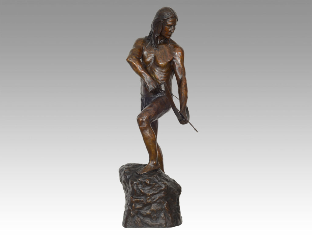 Gallery, Still Point, Bronze cast, 3.1 feet H, Edition 10, Please contact for price and availability, Bronze Sculpture of a Haida bow fisherman demonstrating traditional bow fishing skills, Sculptor Tyler Fauvelle