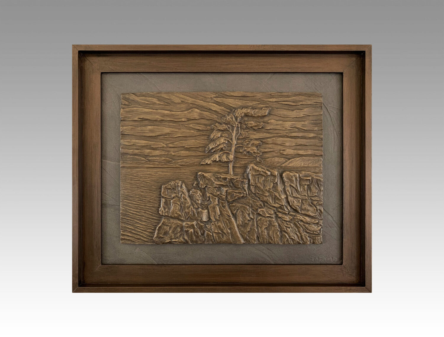 Gallery, Storm Tree, $375 CAD, Metal Infused, 23 ⅜" x 19 ½” (framed), Edition 60, Sculptural Relief of a jack pine blowing in the wind, Sculptor Tyler Fauvelle