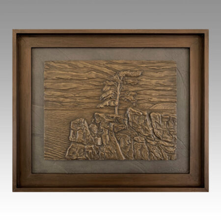 Gallery, Storm Tree, $375 CAD, Metal Infused, 23 ⅜" x 19 ½” (framed), Edition 60, Sculptural Relief of a jack pine blowing in the wind, Sculptor Tyler Fauvelle