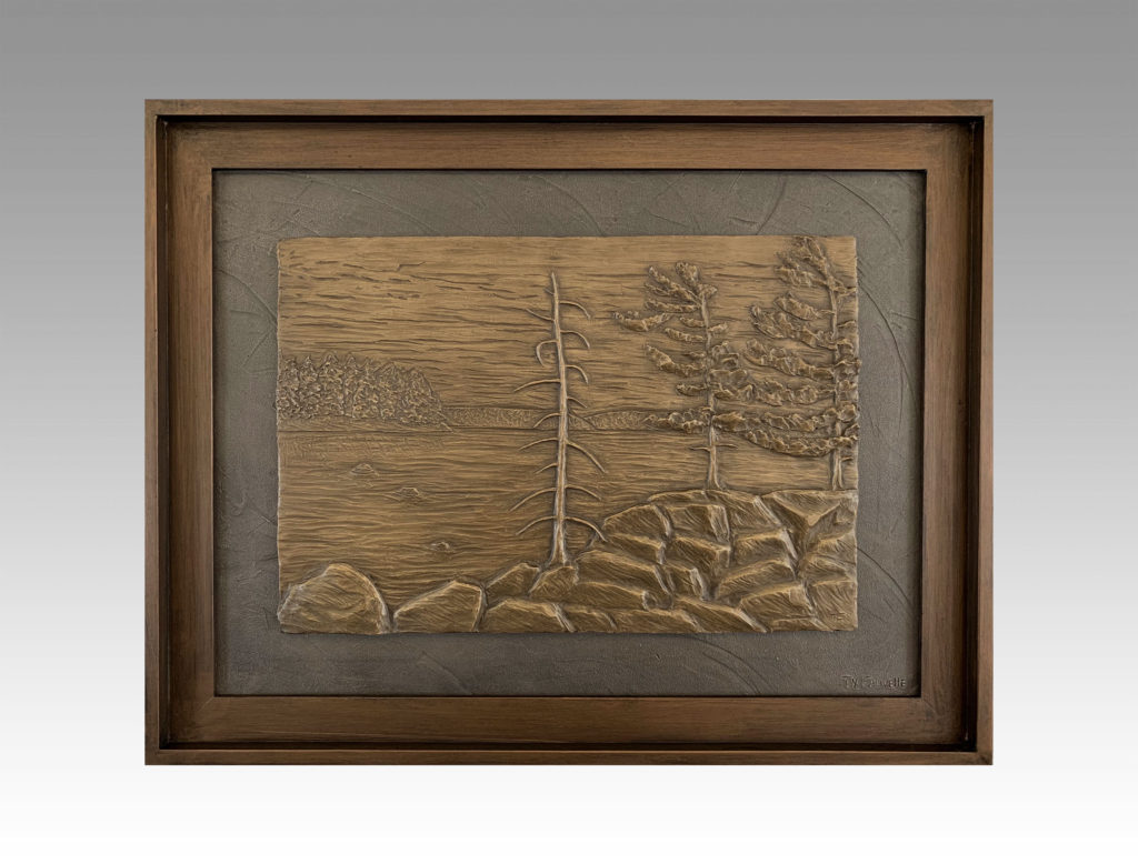 Gallery, Silent Wind at La Cloche, $425 CAD, Metal Infused, 27 ½” x 21 ½” (framed), Edition 60, Sculptural Relief of a La Cloche area landscape, Sculptor Tyler Fauvelle