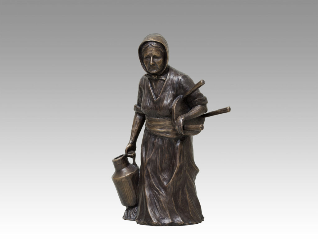 Gallery, Yesterday's Morning, Bronze cast, 11"H, Edition 15, Please contact for price and availability, Bronze Sculpture of an old-fashioned farm woman coming back from milking the cows, Sculptor Tyler Fauvelle