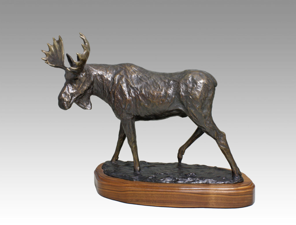 Gallery, In the Taiga, Bronze cast, 17” L x 14 ¼”H mounted, Edition 12, Please contact for price and availability, Bronze Sculpture of a moose, Sculptor Tyler Fauvelle