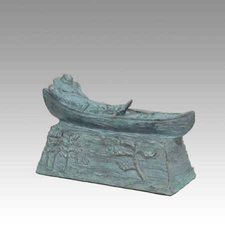 Gallery, Northern Zen, $260 CAD, Metal Infused, 10 ¼" L x 6" H, Edition 60, Island Green Finish, Land and Folk Sculpture of a person resting in a canoe, Sculptor Tyler Fauvelle