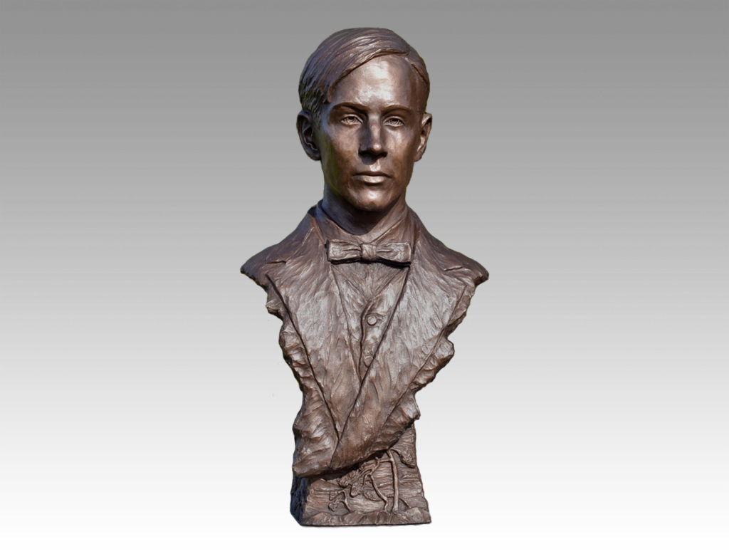Gallery, Tom Thomson - Into the Wind, $2,000 CAD, Metal Infused, 26" H (before mounted), Edition 8, Land and Folk Sculpture of a life-sized bust of Group of Seven member Tom Thomson with sculptural reliefs, Sculptor Tyler Fauvelle