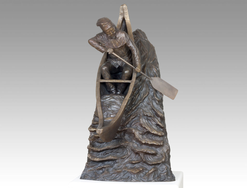Gallery, The Voyageur, Bronze cast, 4 ½ feet H, Edition 6, Please contact for price and availability, Bronze Sculpture of a Voyageur paddling down turbulent water, Sculptor Tyler Fauvelle