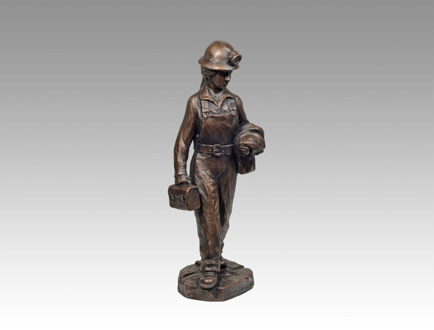 Gallery, Hardrock Woman, $250 CAD, Metal Infused, 14" H, Edition 80, Mining Sculpture of a Woman miner coming off shift, Sculptor Tyler Fauvelle