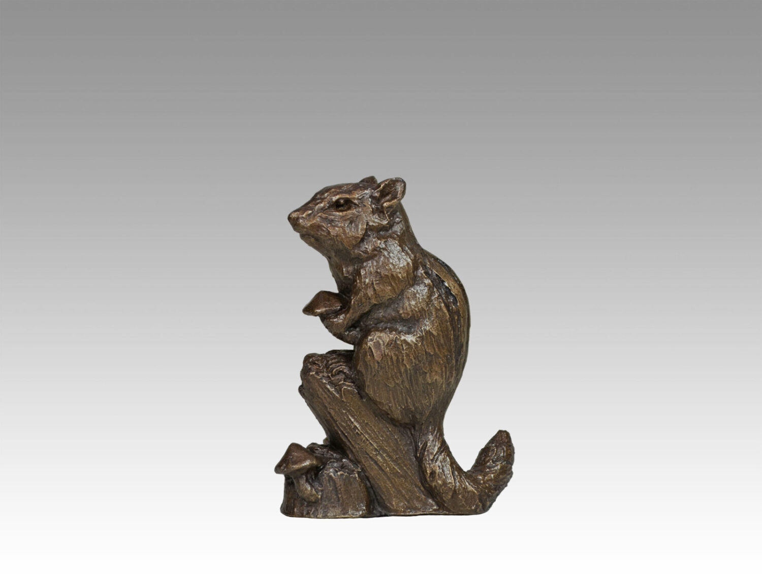 Gallery, You Can't Always Get What You Want, $175 CAD, Metal Infused, 6 ¼" H, Edition 60, Wildlife Sculpture of Chipmunk holding a mushroom, Sculptor Tyler Fauvelle
