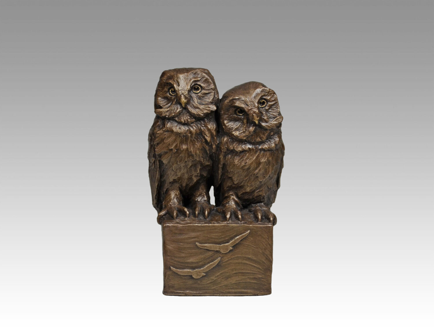 Gallery, Saw-Whet Duet, $325 CAD, Metal Infused, 9 ½” H, Edition 60, Wildlife Sculpture of Two Saw-Whet Owls, Sculptor Tyler Fauvelle