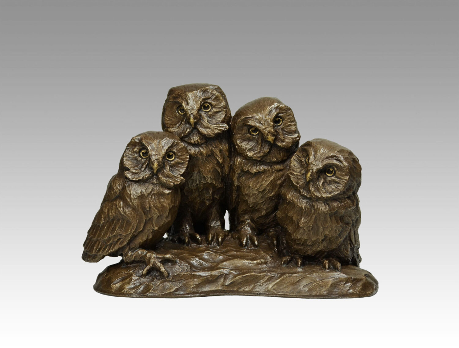 Gallery, Saw-Whet Quartet, $500 CAD, Metal Infused, 11" L, Edition 60, Wildlife Sculpture of Four Saw-Whet Owls, Sculptor Tyler Fauvelle