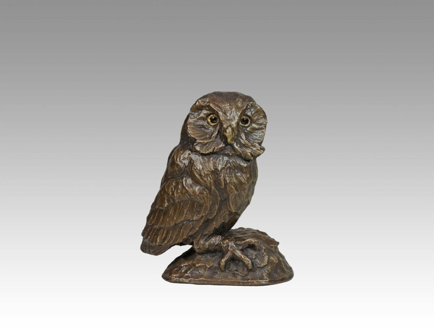 Gallery, Saw-Whet Solo, $175 CAD, Metal Infused, 6" H, Edition 60, Wildlife Sculpture of a Saw-Whet Owl, Sculptor Tyler Fauvelle