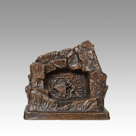 Gallery, Rock Scene with Pushing Ore Sculptural Relief, $175 CAD, Metal Infused, 6” L x 6" H, Pushing Ore Relief Ed.80, Mining Sculpture of a rock with a sculptural relief of a Miner pushing an ore cart inside, Sculptor Tyler Fauvelle