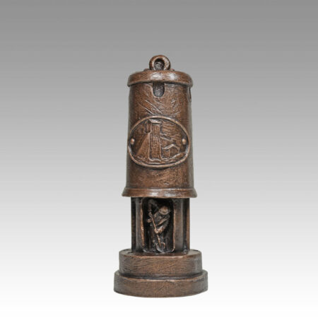 Gallery, Light the Way, $200 CAD, Metal Infused, 8 ¾” H, Edition 80, Mining Sculpture of a Miner's Lamp with a sculptural relief of a miner and headframe, Sculptor Tyler Fauvelle