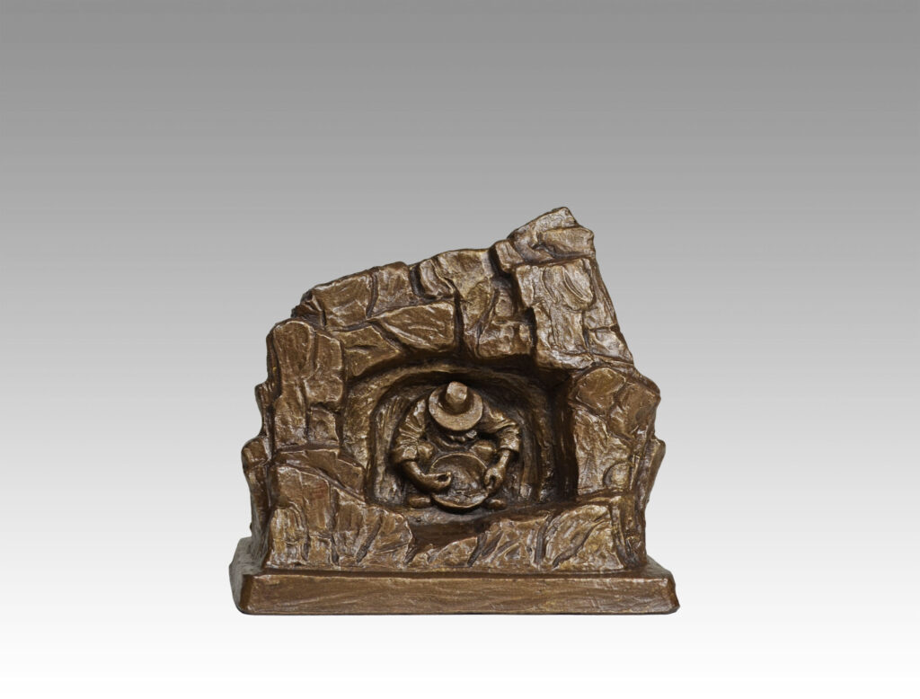 Gallery, Rock Scene with Gold Panner Sculptural Relief, $175 CAD, Metal Infused, 6” L x 6" H, Gold Panner Relief Ed.80, Specialty Finish, Mining Sculpture of a rock with a sculptural relief of a Gold Panner inside, Sculptor Tyler Fauvelle