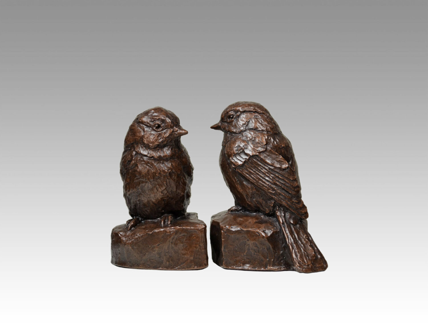 Gallery, Winter Friendship, $150 CAD, Metal Infused, 4” H, Edition 30, sold as a pair, Wildlife Sculpture of two Black-capped chickadees, Sculptor Tyler Fauvelle