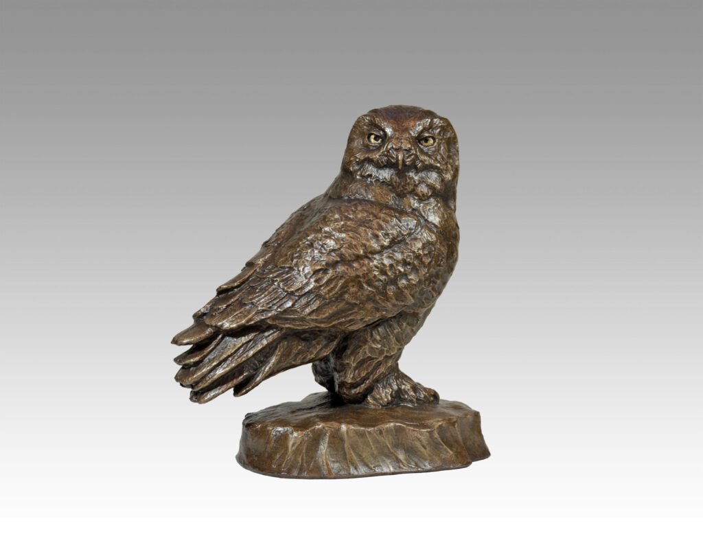 Gallery, A Snowy Glimpse, $350 CAD, Metal Infused, 9” H, Edition 35, Wildlife Sculpture of a snowy owl, Sculptor Tyler Fauvelle