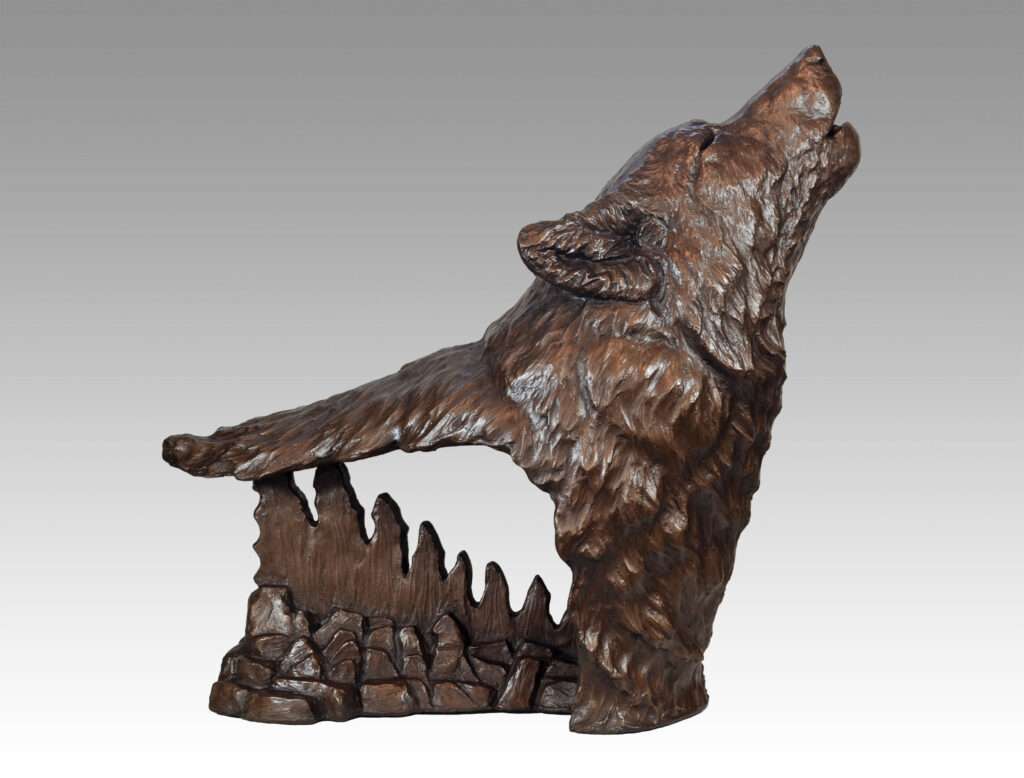 Gallery, Ghosts of Wolf Lake, $2,000 CAD, Metal Infused (Interior/Exterior), 27" W x 22 ¾" H, Edition 30, Wildlife Sculpture of a wolf howling with forest landscape sculpture, Sculptor Tyler Fauvelle