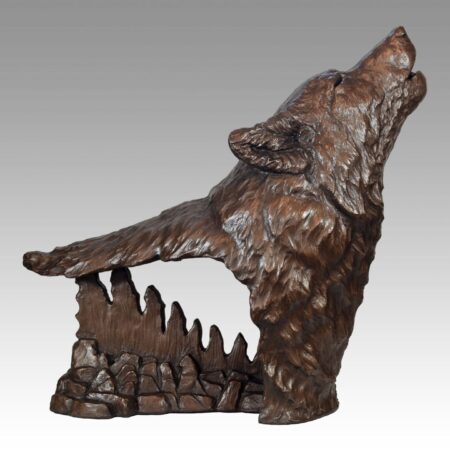 Gallery, Ghosts of Wolf Lake, $2,000 CAD, Metal Infused (Interior/Exterior), 27" W x 22 ¾" H, Edition 30, Wildlife Sculpture of a wolf howling with forest landscape sculpture, Sculptor Tyler Fauvelle