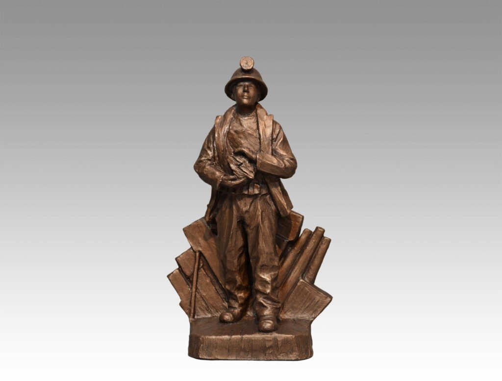 Gallery, Age of Electric, $225 CAD, Metal Infused, 10 ½” H, Edition 80, Mining Sculpture of a Miner with electric ore, Sculptor Tyler Fauvelle