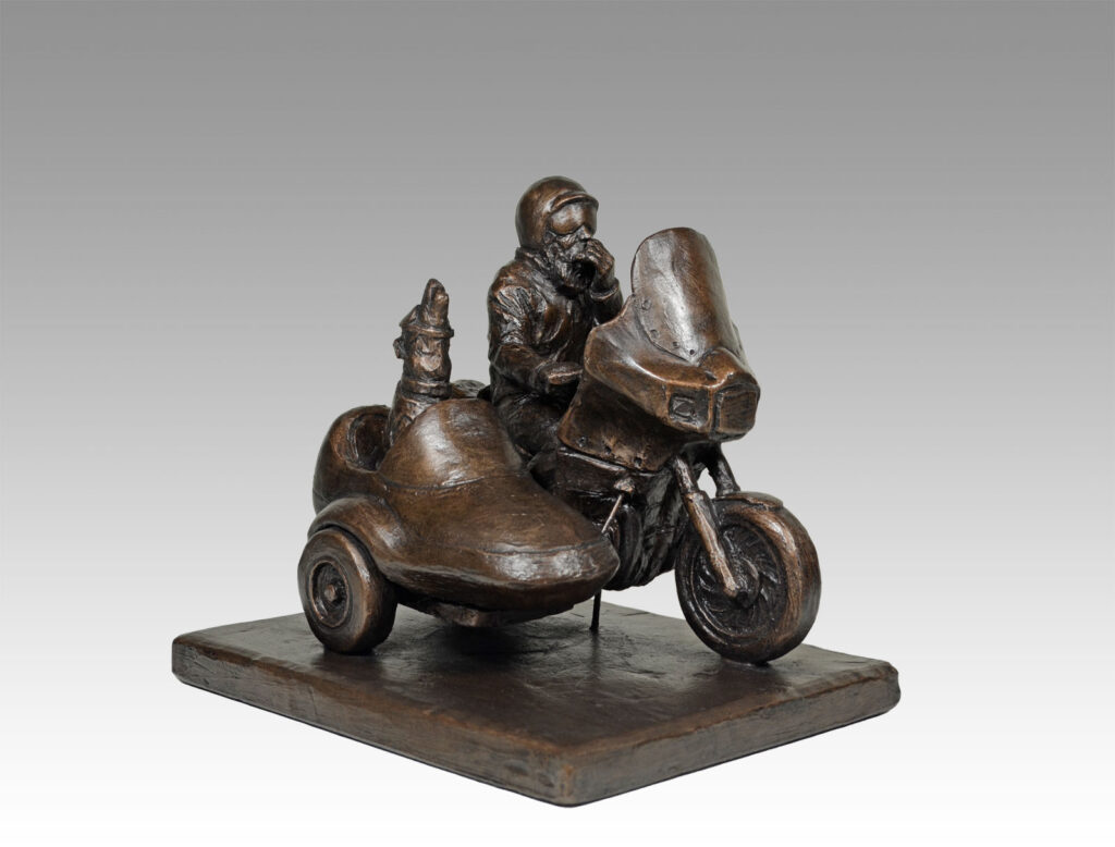 Gallery, Miles of Smiles, $550 CAD, Metal Infused, 9" L x 8" H, Edition 15, Sculpture of a Motorcycle sidecar with rider & dog co-pilot, Sculptor Tyler Fauvelle