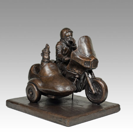 Gallery, Miles of Smiles, $550 CAD, Metal Infused, 9" L x 8" H, Edition 15, Sculpture of a Motorcycle sidecar with rider & dog co-pilot, Sculptor Tyler Fauvelle