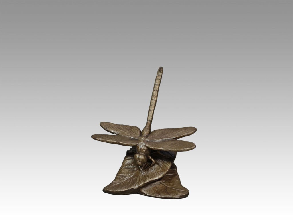 Gallery, A New Leaf, $200 CAD, Metal Infused, 5 ¼" H, Edition 35, Wildlife Sculpture of a dragonfly on a leaf, Sculptor Tyler Fauvelle
