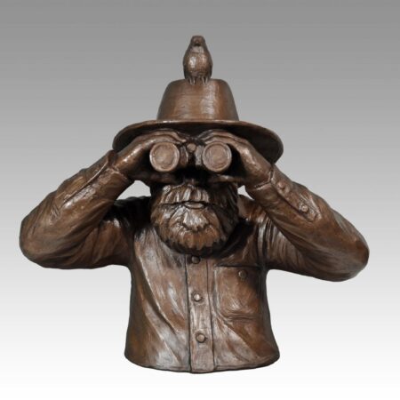 Gallery, A Big Year, $1,500 CAD, Metal Infused (Interior/Exterior), 17 ½” H x 17 ½” W, Edition 30, Sculpture of a birder with a bird on his hat, Sculptor Tyler Fauvelle