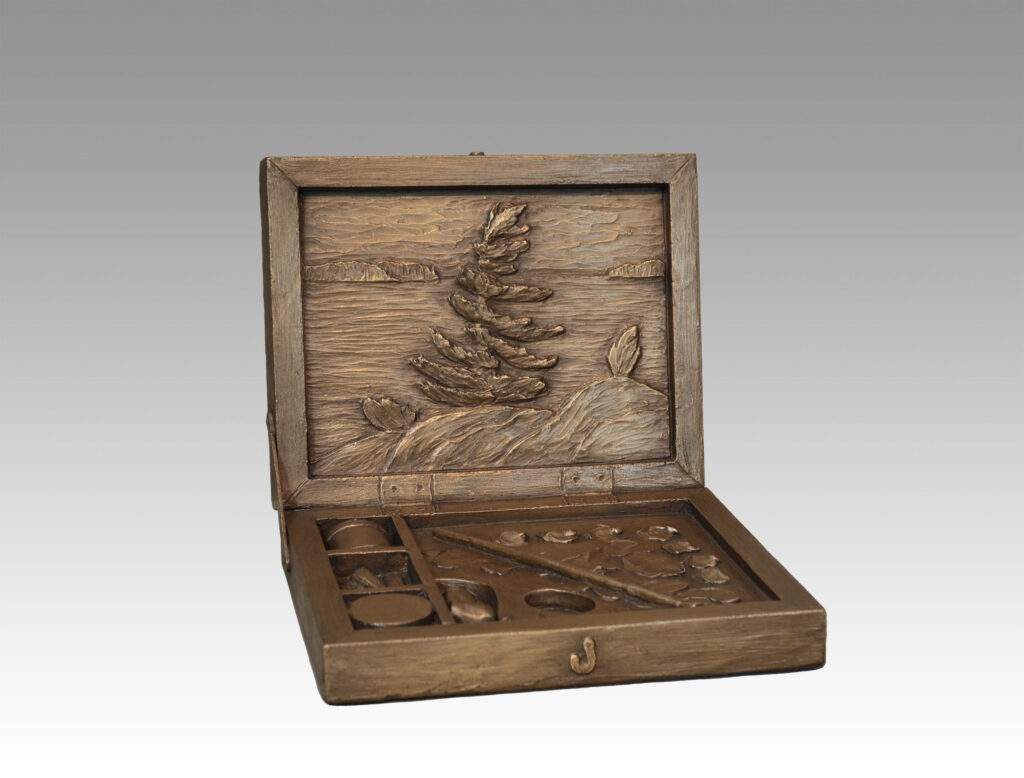 Gallery, The Painter (Plein Air), $325 CAD, Metal Infused, 9" L x 8", Edition 30, Sculpture of a Painter's box with sculptural landscape relief, Sculptor Tyler Fauvelle