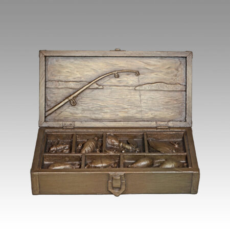 Gallery, The Angler (Tackle Box), $325 CAD, Metal Infused, 10" L x 6" H, Edition 30, Sculpture of a Tackle Box with sculpted lures, flies, bobbers, hooks and sinkers, Sculptor Tyler Fauvelle