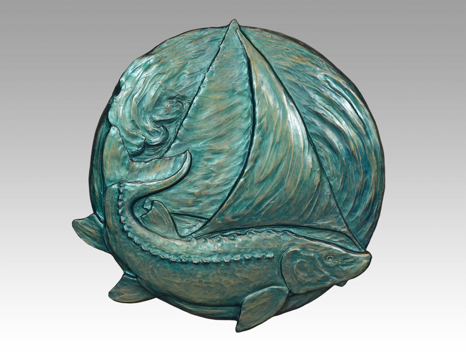 Gallery, The Sail Sturgeon, $450 CAD, Metal Infused Sculptural Relief (Exterior/Interior), 17" Across, Edition 30, Sculptural Relief of a Sailing Sturgeon from the Norwyld Series, Sculptor Tyler Fauvelle