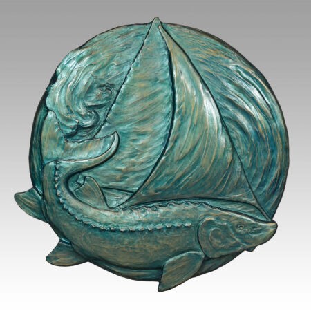 Gallery, The Sail Sturgeon, $450 CAD, Metal Infused Sculptural Relief (Exterior/Interior), 17" Across, Edition 30, Sculptural Relief of a Sailing Sturgeon from the Norwyld Series, Sculptor Tyler Fauvelle