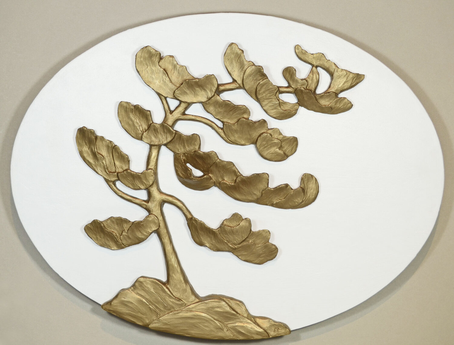 Gallery, Weathering the Storm, $675 CAD, Metal Infused Sculptural Relief (Exterior/Interior), 24" Across, Edition 15, Oval Sculptural Relief of a windswept pine, Sculptor Tyler Fauvelle