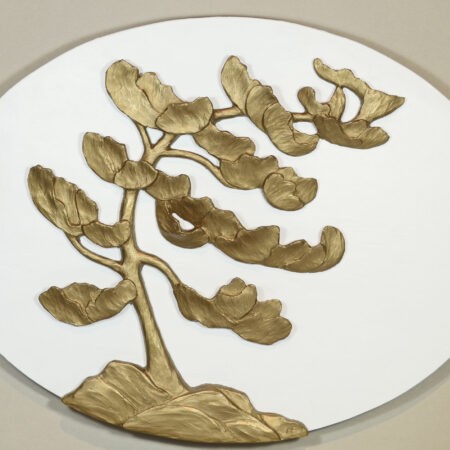 Gallery, Weathering the Storm, $675 CAD, Metal Infused Sculptural Relief (Exterior/Interior), 24" Across, Edition 15, Oval Sculptural Relief of a windswept pine, Sculptor Tyler Fauvelle