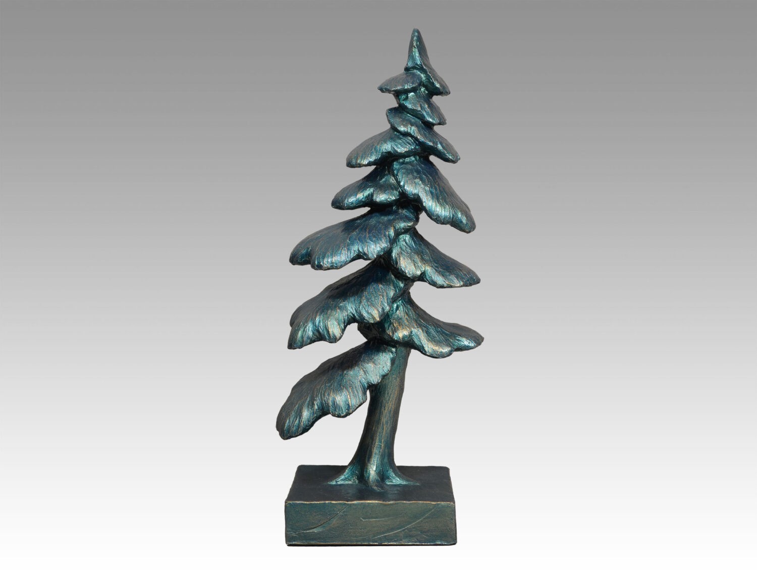 Gallery, Resilience, $400 CAD, Metal Infused, 15 ¾” H, Edition 35, Specialty Finish, Sculpture of a pine tree, Sculptor Tyler Fauvelle