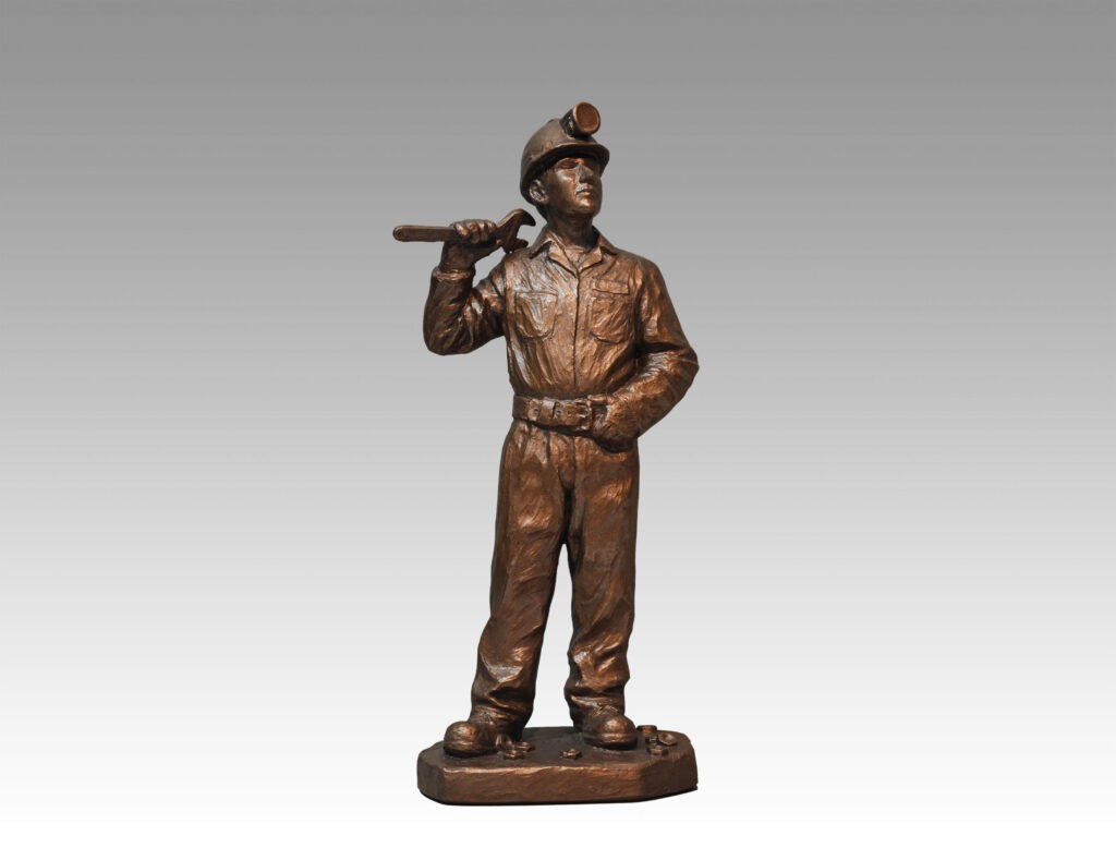 Gallery, Loosen Up! (Heavy/Mine Mechanic), $280 CAD, Metal Infused, 14” H, Edition 80, Available with or without headlamp, Sculpture of a Heavy/Mine Mechanic, Sculptor Tyler Fauvelle