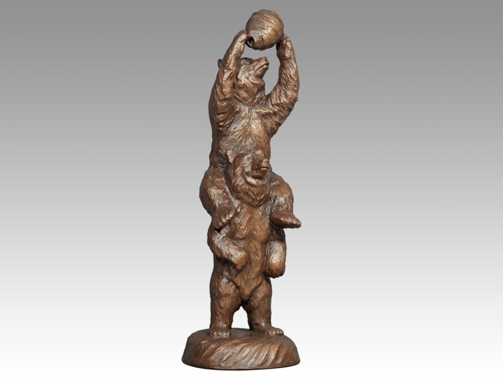 Gallery, Better Together, $400 CAD, Metal Infused, 17 ½” H, Edition 35, Sculpture of a bear standing on another bear's shoulders. The bear is holding as wasp nest, Sculptor Tyler Fauvelle