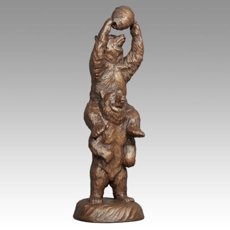 Gallery, Better Together, $400 CAD, Metal Infused, 17 ½” H, Edition 35, Sculpture of a bear standing on another bear's shoulders. The bear is holding as wasp nest, Sculptor Tyler Fauvelle