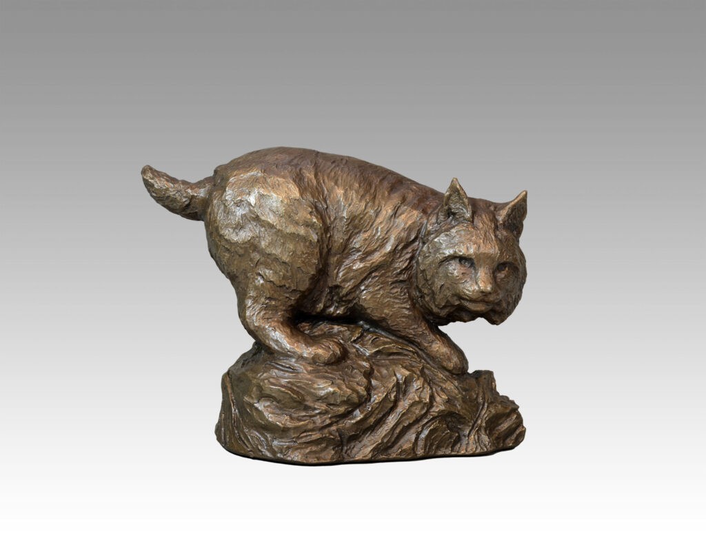 Gallery, Reflections of Bob, $275 CAD, Metal Infused, 8 ¾” L, Edition 35, Sculpture of a Bobcat. Sculptor Tyler Fauvelle