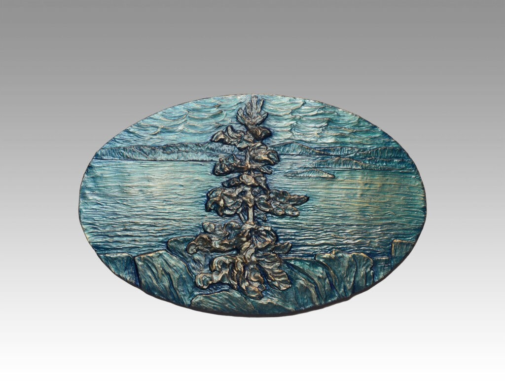 Gallery, On the Brink, $250 CAD, Metal Infused Sculptural Relief, 14 ¼” across, Edition 35, Sculptural Relief of a white pine, Sculptor Tyler Fauvelle