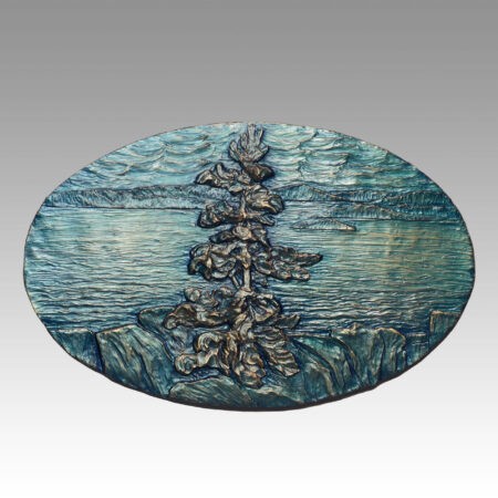 Gallery, On the Brink, $250 CAD, Metal Infused Sculptural Relief, 14 ¼” across, Edition 35, Sculptural Relief of a white pine, Sculptor Tyler Fauvelle